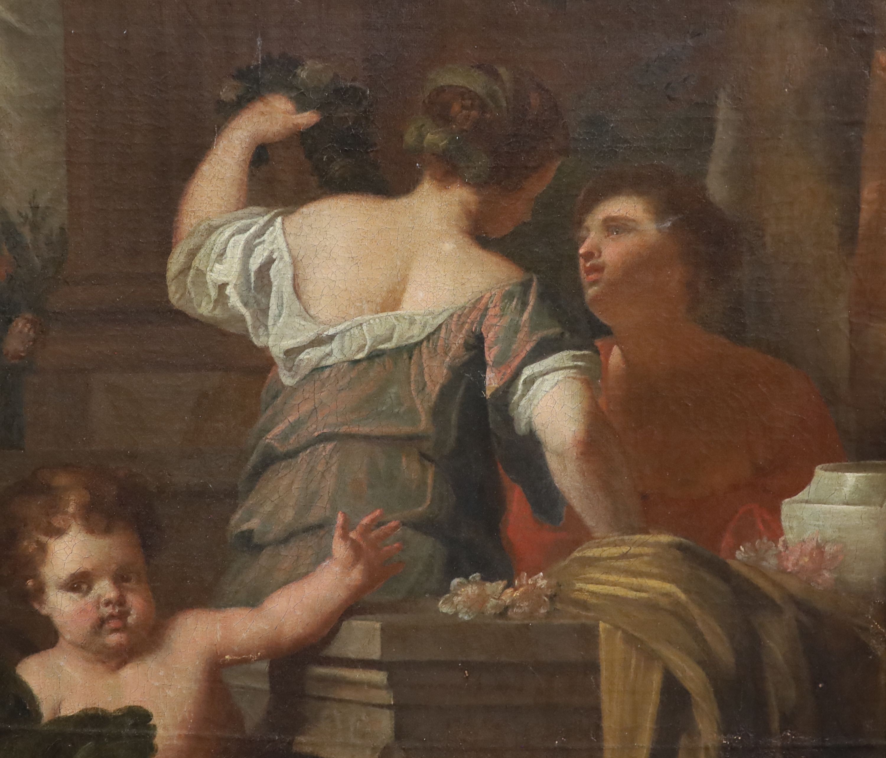 Attributed to Matthus Termesten, Two ladies with flowers and a putto, Oil on canvas, 49 x 55cm.
